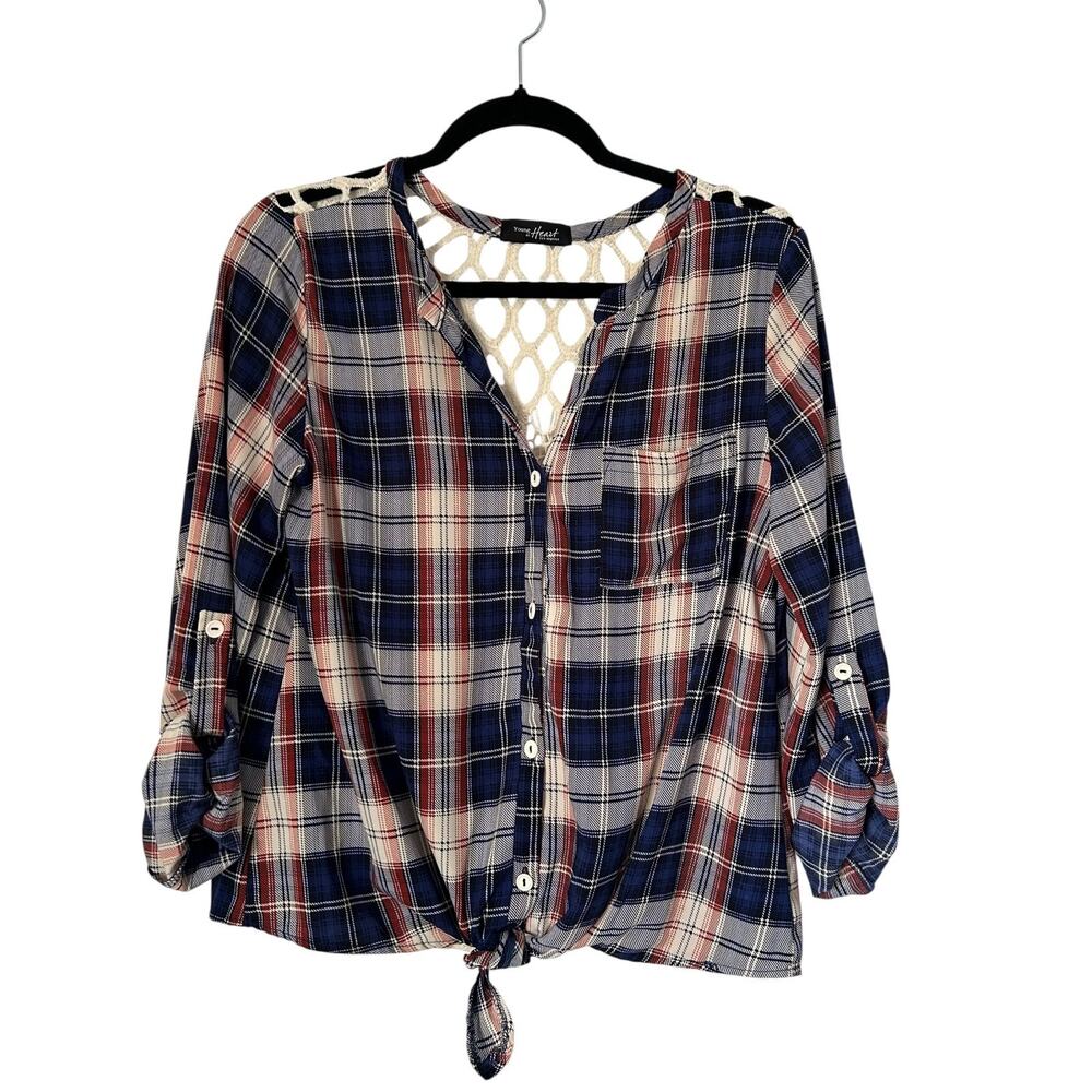 Young‎ at Heart Top Size M Red Blue Plaid Tie Cropped Button Front Crochet Back